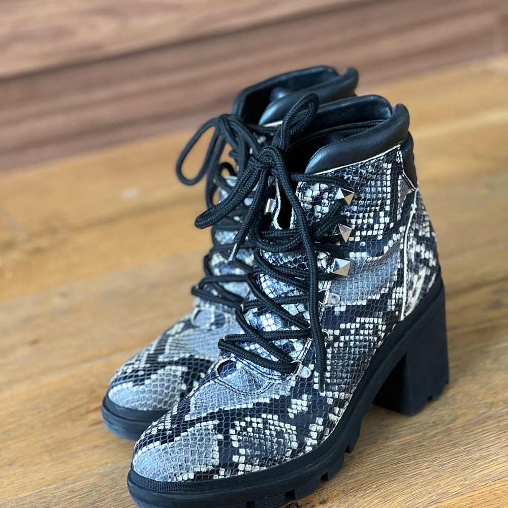 Marc Fisher Black and Gray Snake Print Lace Up Boots
